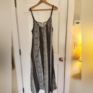 P&Rose Maxi Dress Floral Batik Scroll Boho Hippie Size Large Beach Navy